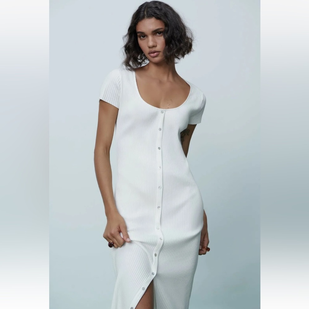 Zara Ribbed Bodycon Cotton Dress With Buttons, M, White